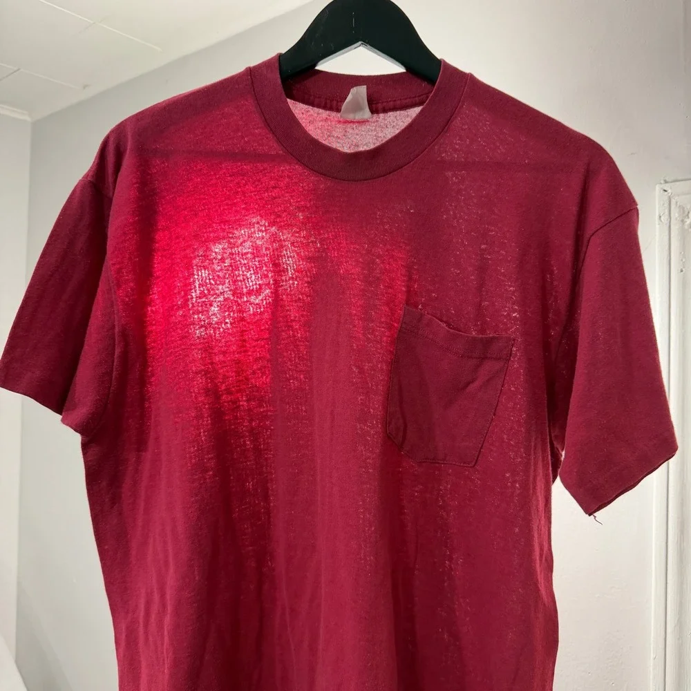 Vintage Pocket Tee Shirt Medium Red 90s Single Stitch Paper Thin Lightweight